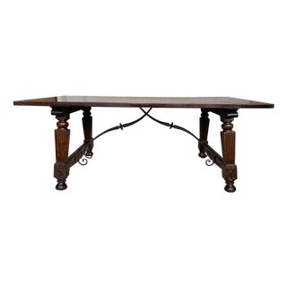 Late 19th Spanish Walnut Dining Fratino Table with Iron Stretcher For Sale