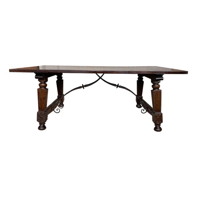 Late 19th Spanish Walnut Dining Fratino Table with Iron Stretcher For Sale
