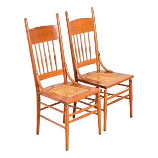 Limbert Style Antique Arts & Crafts Carved Oak Cane Seat Spindle Back Side Chairs or Dining Chairs, Pair For Sale