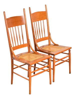 Limbert Style Antique Arts & Crafts Carved Oak Cane Seat Spindle Back Side Chairs or Dining Chairs, Pair