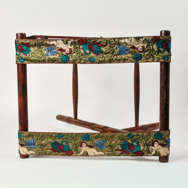 Antique Luggage Rack With Vintage Swan Embroidered Ribbon | Antique Butler's Table | Folding Suitcase Stand For Sale - Image 4 of 13