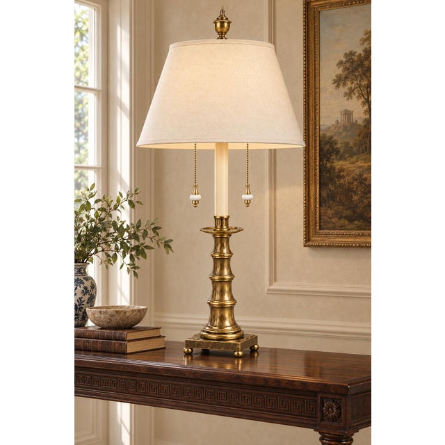 Art Nouveau Vintage Monumental Stiffel Neoclassical Brass Dual-Light Table Lamp With Ivory Linen Shade For Sale - Image 3 of 8