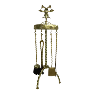 Antique Brass Fireplace Tools on Stand