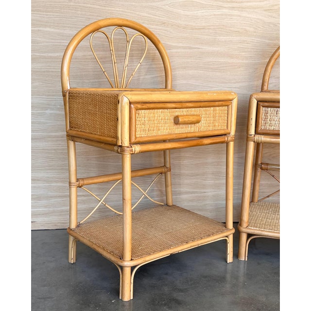 Pair of Split Reed Bamboo Rattan Nightstands with Drawer and Low Tier, 1970s For Sale - Image 4 of 18