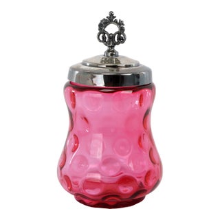 Victorian Cranberry Coin Dot Glass Jam Jar With Silverplate Lid For Sale
