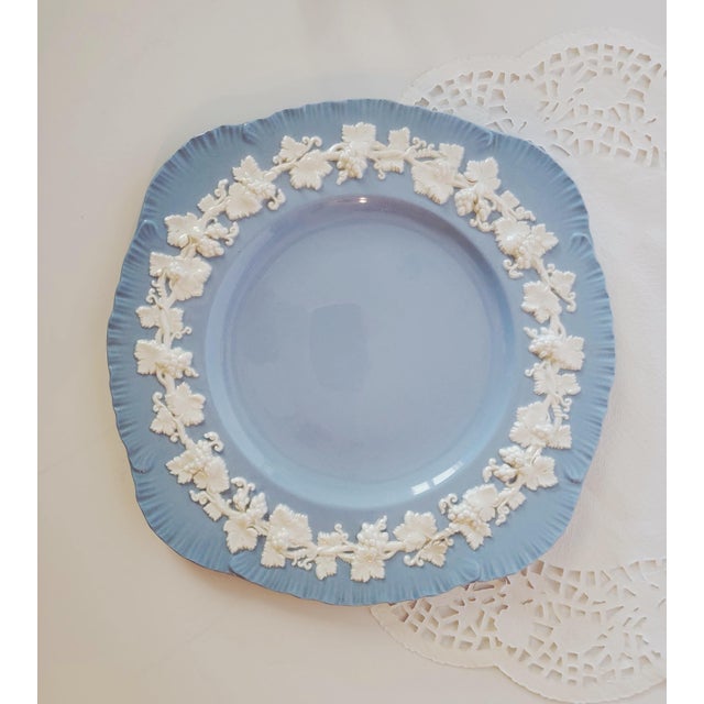 1950s 1950s Wedgwood Etruria Cream on Blue Embossed Queensware 8.75" Square Salad Plate Barlaston, Lavendar on Cream Shell Ribbed Edge Pattern, Rare For Sale - Image 5 of 5