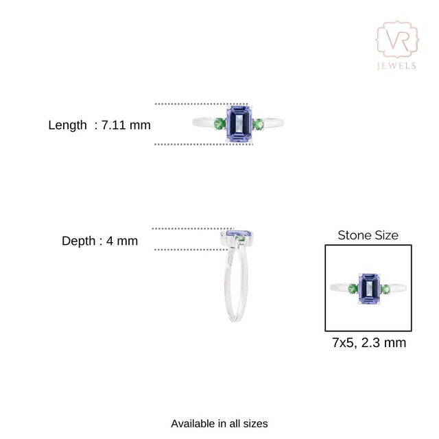 Not Yet Made - Made To Order 1.13 Carat Emerald Cut Tanzanite & Tsavorite Ring Size 4 in 14k White Gold For Sale - Image 5 of 9