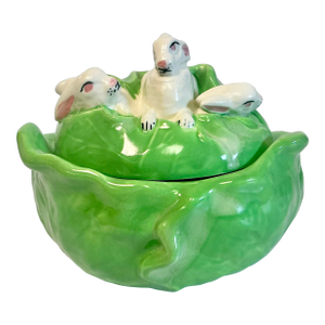 1970s Vintage Hollywood Regency Americana Folk Art Cabbage Tureen With Bunnies - Easter.