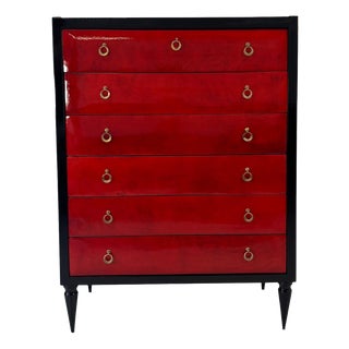 Art Deco Italian Chest of Drawers in Cherry Red Parchment and Black Lacquer, 1950s For Sale