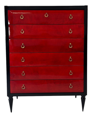 Art Deco Italian Chest of Drawers in Cherry Red Parchment and Black Lacquer, 1950s