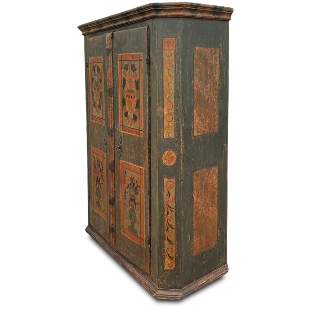 Dark Green Painted Wardrobe Dated 1830 CODE: A249 Period: 1830 (dated) Origin: European Alps Wood essence: Fir Dimension:...