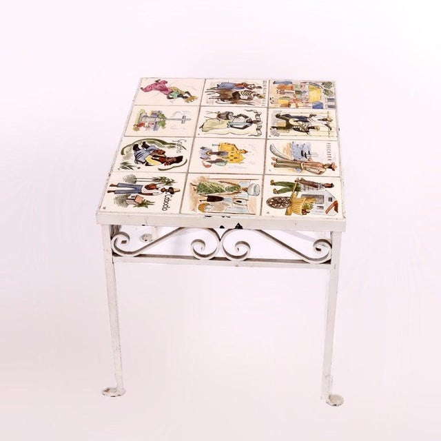 White Antique Arts & Crafts Spanish Wrought Iron & Tile Top Table, Genre Scenes, 1930 For Sale - Image 8 of 18