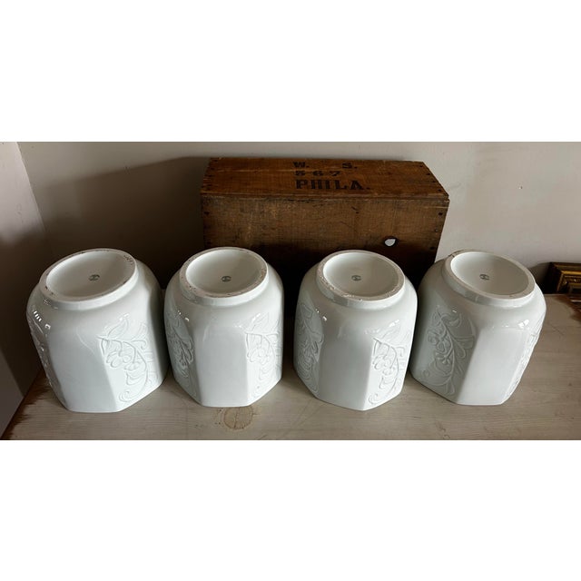 Set of Four Limoges Glazed White Pottery Octagonal Planters With Floral Motif ~ Made in France For Sale - Image 9 of 10