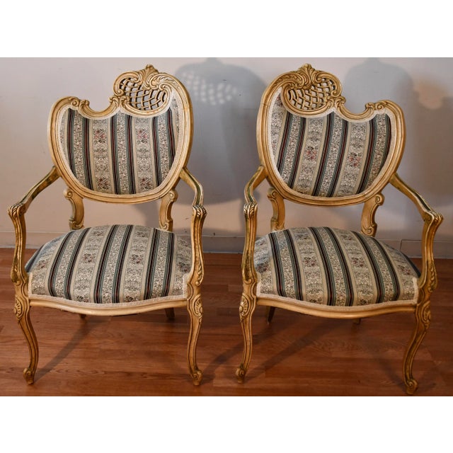 1920 Antique Pair of French Hand Painted Spring-Seat Chairs / New Upholstery For Sale - Image 13 of 13