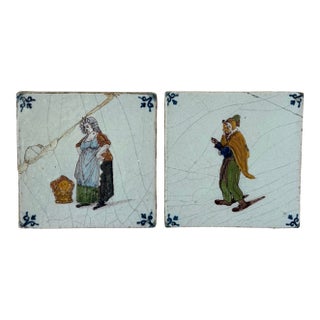 Pair 18th Century Dutch Delft Polychrome Figural Tiles For Sale