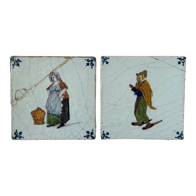 Pair 18th Century Dutch Delft Polychrome Figural Tiles For Sale