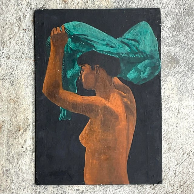Enhance your space with the Vintage Boho Figural Oil Painting On Board. This American-style artwork captures bohemian...
