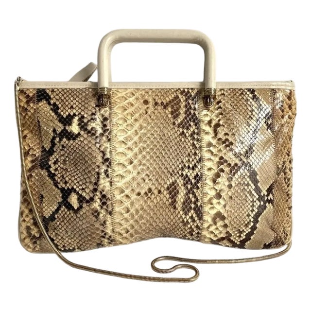 Vintage Snake Skin Python Leather Purse East West Rectangle Shoulder Bag Top Handle 70s 80s For Sale