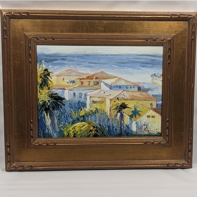 Late 20th Century Ray Simonini Mediterranean Village Oil Painting, Heavy Impasto, Blue & Gold For Sale - Image 10 of 18