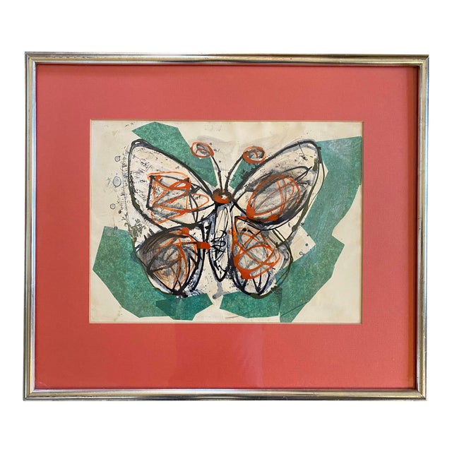 1960s Mid Century Butterfly Paper Collage Painting, Framed For Sale