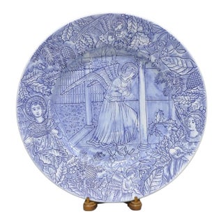 Vintage Ancora Italy Blue & White Porcelain Charger Plate W/ Angels and Foliage For Sale