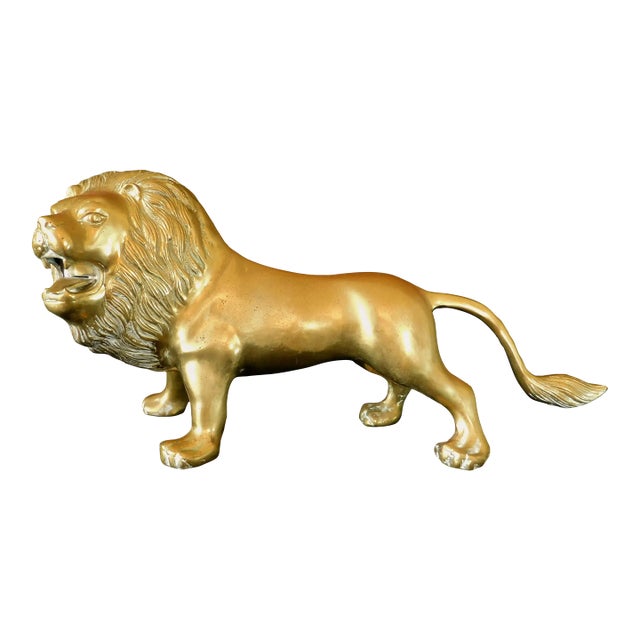 Large Vintage 24" Mid Century Solid Brass Figural Lion Sculpture Figurine For Sale