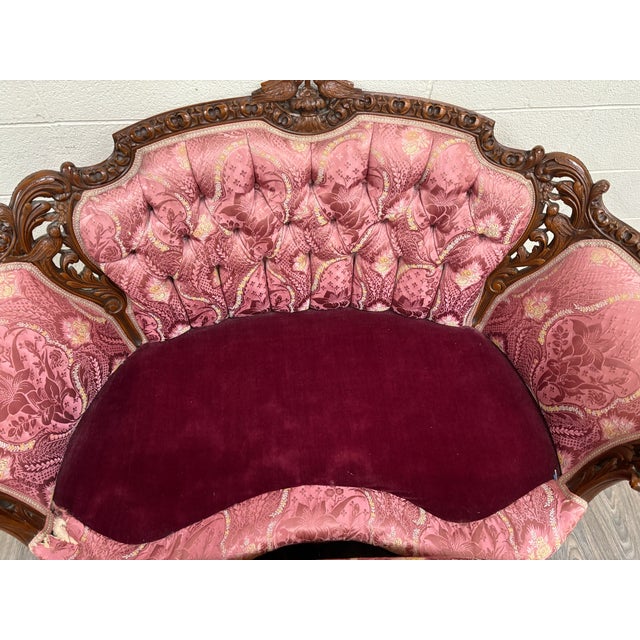 Antique Victorian Rococo Revival French Louis XV Carved Walnut Loveseat Settee For Sale - Image 14 of 16