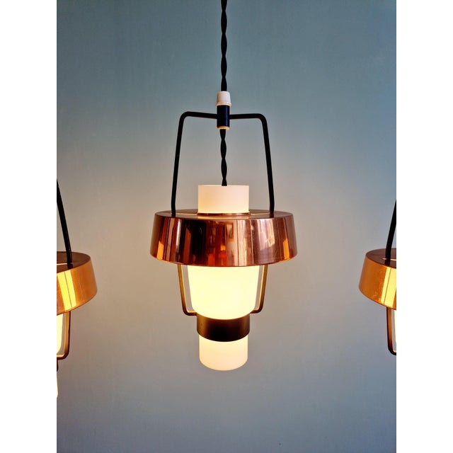 Scandinavian Pendant Lights in White Opaline and Copper Metal, 1960s, Set of 3 For Sale - Image 6 of 18