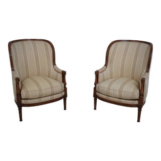 Vintage Pair French Louis XVI Upholstered Bergere Club Chairs For Sale