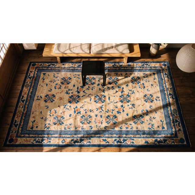 Textile Impressive Beige Ground Color & Symmetrical Design Antique Chinese Ningxia Rug For Sale - Image 7 of 7