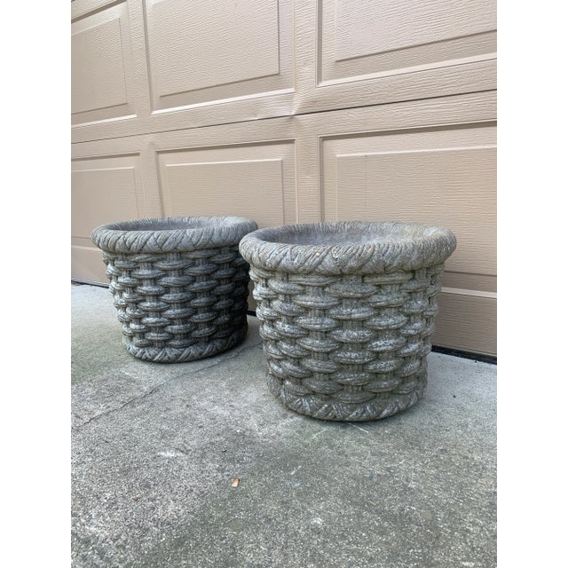 French Country Pair of Vintage French Country Basketweave Cast Concrete Garden Planters For Sale - Image 3 of 8
