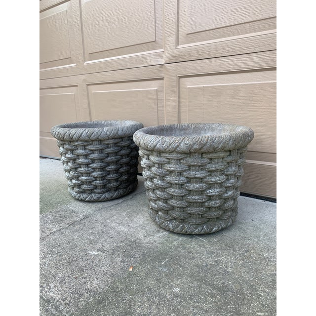 French Country Vintage French Country Cast Concrete Basketweave Planters, a Pair For Sale - Image 3 of 8