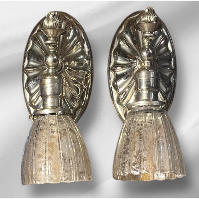 1900s Silver Art Deco Sconces With Etched Shades - a Pair For Sale - Image 10 of 10