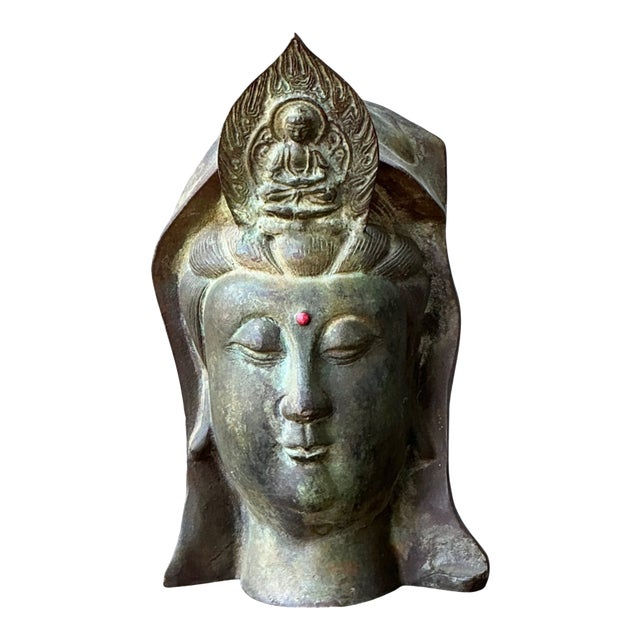 Vintage Patinated Bronze Buddha Head For Sale