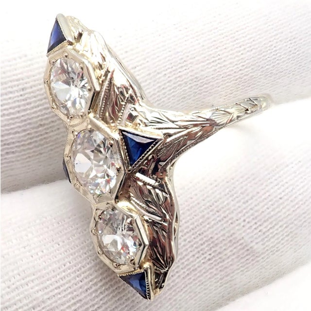 Vintage Estate White Gold Diamond Sapphire Art Deco Ring, Size 7 For Sale In Philadelphia - Image 6 of 11
