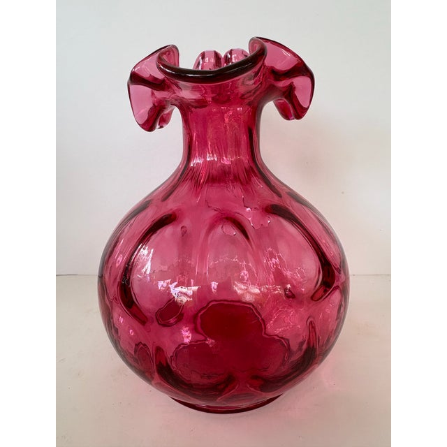 American Vintage Fenton Cranberry Dot Optic Glass Pitcher With Clear Ruffled Rim For Sale - Image 3 of 7
