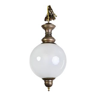 Mid Century White Glass Globe Fixture With Bronze Accents For Sale