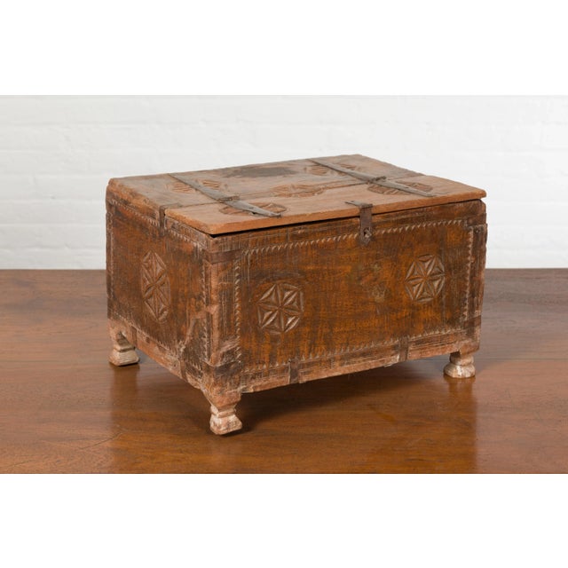 Indian 19th Century Small Wooden Box with Iron Hardware and Carved Rosacea For Sale - Image 4 of 13