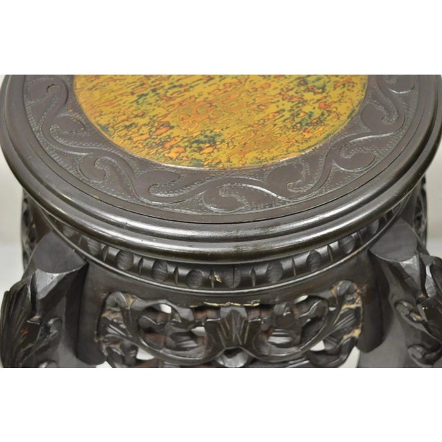 Black Early 20th Century Japanese Carved Wood Black Ebonized 29" Lacquer Top Plant Stand Side Table For Sale - Image 8 of 9
