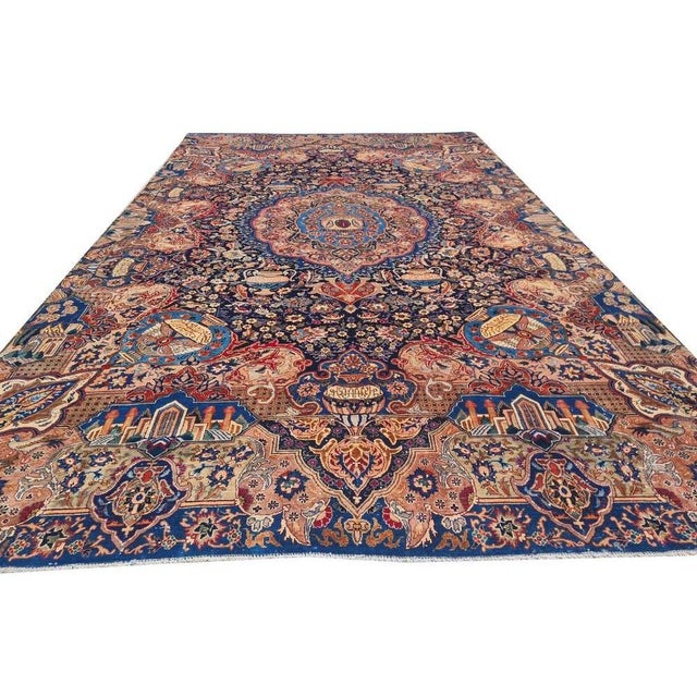 Abstract Mid 20th Century Authentic Hand Knotted Antique Kashmour Hunting Pictorial Wool Area Rug 12.11 X 7.9 Ft For Sale - Image 3 of 9