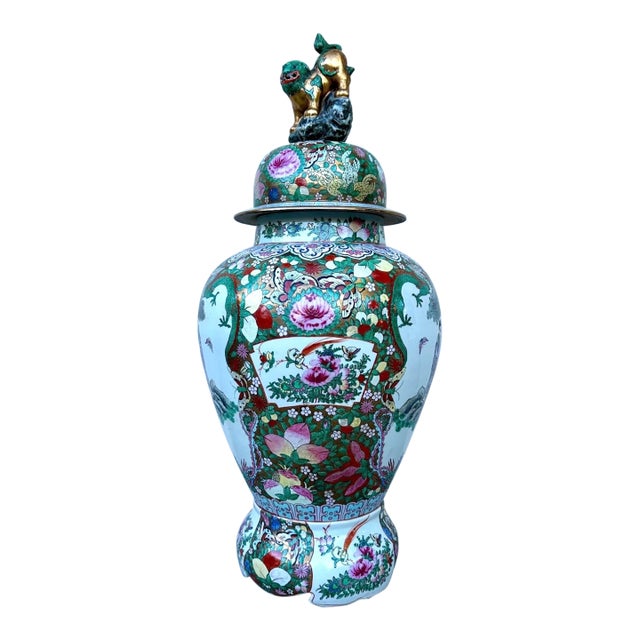 Large Antique Chinese Famille Rose Porcelain Covered Vase With Foo Dog Finial For Sale