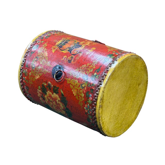 Oriental Tibetan Style Red Auspicious Flower Motifs Drum Table For Sale - Image 4 of 10