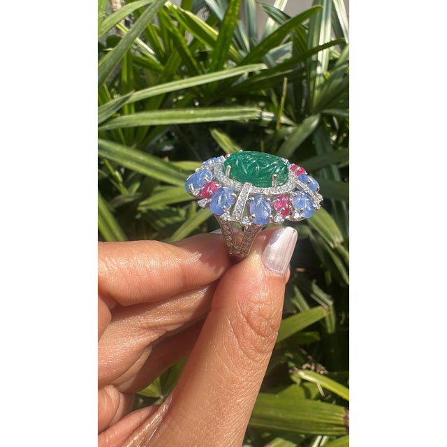 Metal Set in 18k Gold, Carved Emerald, Blue Sapphires, Rubies & Diamonds Cocktail Ring, Size 6 For Sale - Image 7 of 10