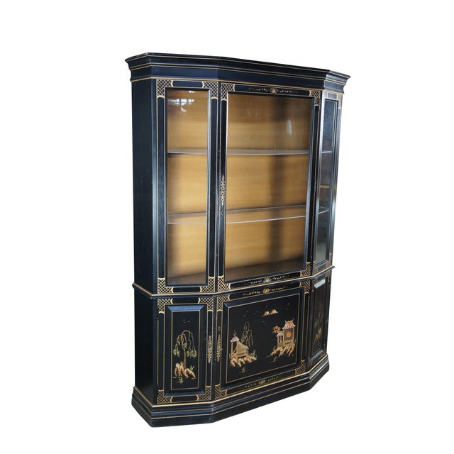 Chinoiserie Vintage Jasper Black Lacquer Chinoiserie China Display Cabinet Pagoda Landscape, Attributed For Sale - Image 3 of 13