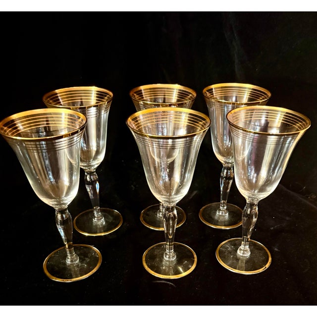 Modern Mid 20th Century Gold Trim Optical Paneled Goblets - Set of Six For Sale - Image 3 of 12
