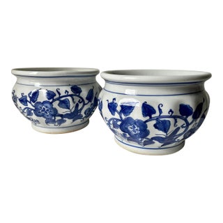 Chinoiserie Blue & White Cachepot Planters-Set 2 For Sale