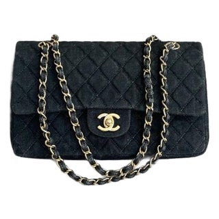 1990s Chanel Vintage Black Denim Flap Bag For Sale