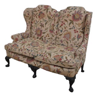 Vintage Queen Anne Wing Back Loveseat Settee W. Crewelwork For Sale