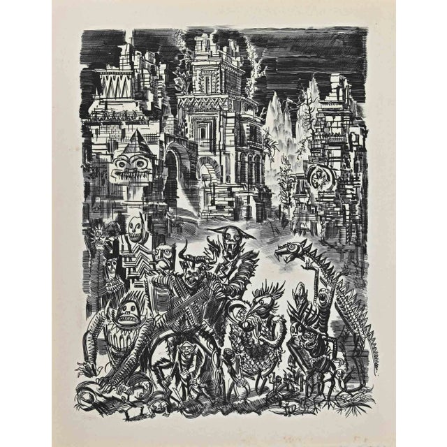 America's Demons Have Gathered is an original woodcut print realized in the late 20th Century by an anonymous,...