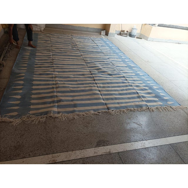 Handmade Cotton Flat Weave Area Rug, Sky Blue and White Striped Dhurrie - 10'x14' For Sale - Image 13 of 14